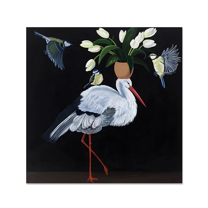 Canvas Artwork, Abstract Design Bird Oil Paintings, Frameless, Flowers Art Picture, Aesthetics Rooms Wall Decoration, Handmade